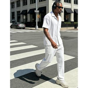 Ensemble 2 pièces décontracté pour homme FOXA – Chemise boutonnée à manches courtes et pantalon ample texturé rayé – Tenue de sport et de marche - Product Image 4
