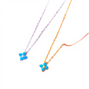 Collier en argent sterling 925 plaqué or avec petites fleurs exquises, chaîne à maillons Rolo, pierre turquoise pour femmes, style classique d'été - Product Image 4