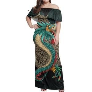 Sublimation personnalisée robes mexicaines décontractées vente en gros concepteur mexique <span class=keywords><strong>aztèque</strong></span> mexicain <span class=keywords><strong>tatouage</strong></span> épaules dénudées robe d'été extensible Maxi - Product Image 1