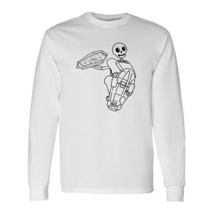 T-shirt a maniche lunghe Fakie's Pizza Skelly, unisex, taglia media per adulti, nera, con stampa grafica, abbigliamento casual - Product Image 1