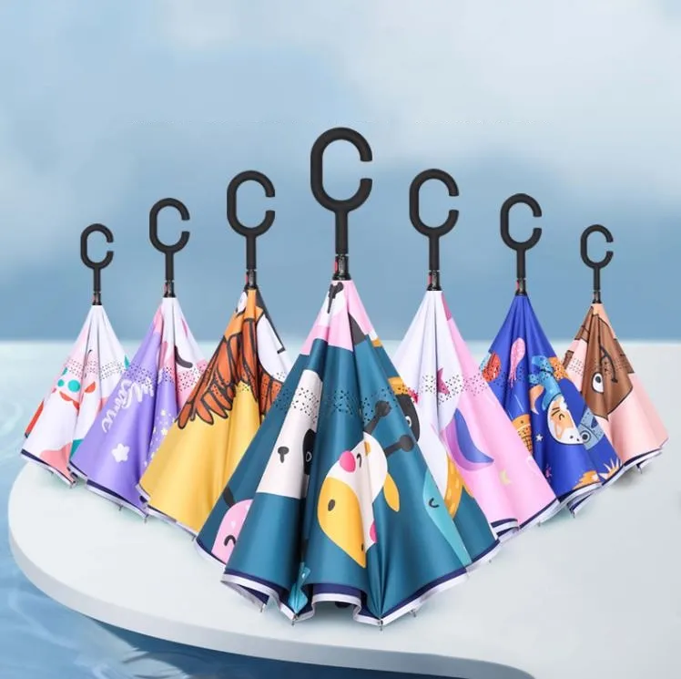 Paraguas invertido de doble capa multifuncional, paraguas recto de coche de dibujos animados, paraguas inverso con mango en forma de C para niños