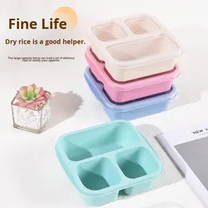 Boîte à lunch carrée en paille de blé à trois compartiments, capacité 301-500 ml, style minimaliste, pour fruits, noix et collations, hermétique et fraîcheur garantie - Product Image 3