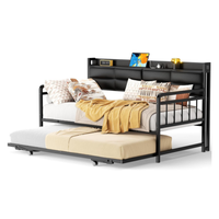 Lit d'appoint portable style ferme avec tête de lit rembourrée, station de charge, cadre métallique pliable, idéal pour hôtel et école (tailles King/Full XL)