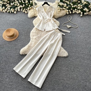 Women Sleeveless Top and Pants Two Piece Set V Neck Button Down Vest With High Waist Pant Set - Product Image 2