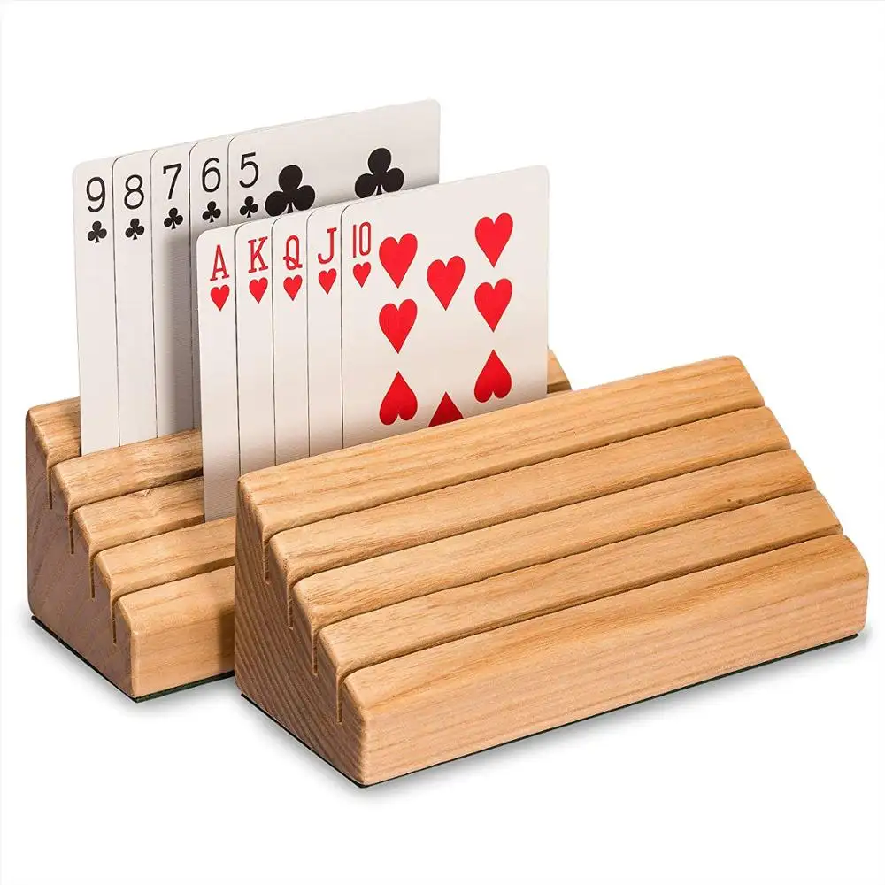 Premium Pinewood Poker Rack Trays Standard-Size Solid Wooden Playing Card Holders - Set of 2
