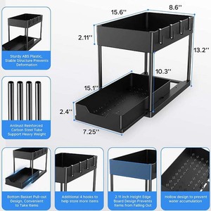 Organisateur sous évier à <span class=keywords><strong>2</strong></span> niveaux, panier coulissant pour armoire, étagère de rangement avec crochets, support suspendu pour tasses, organisateur de salle de bain et de cuisine - Product Image 3
