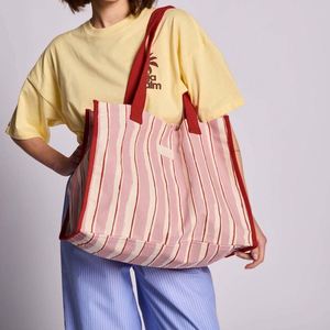<b>Custom</b> Size Logo Design Oversized Red Pink Stripes Tote Shoulder Grocery Shopping Shopper Bag with Magnetic Snap Button - Product Image 1