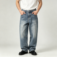 Jean Indigo pour Homme, Pantalon en Denim Bleu Coupe Ample Jambe Large, Cinq Poches, Style Décontracté, OEM Personnalisé, Vente en Gros