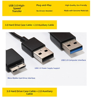 Kabel USB 3.0 Micro-B Y, Kabel Enclosure HDD dengan Kabel Daya Tambahan USB2.0 untuk Hard Disk 2.5"