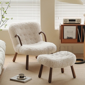 Accoudoir long <span class=keywords><strong>en</strong></span> bois <span class=keywords><strong>de</strong></span> séquoia pour femmes, <span class=keywords><strong>fauteuil</strong></span> à dossier beige <span class=keywords><strong>en</strong></span> laine d'agneau, avec tabouret, <span class=keywords><strong>fauteuil</strong></span> <span class=keywords><strong>en</strong></span> molleton et crème - Product Image 1