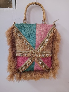 Bohemian <b>Straw</b> Tote <b>Bag</b> with Beaded Shell Trim Bamboo Handles Women's Casual Beach Handbag Fashion Trendy Designs - Product Image 5