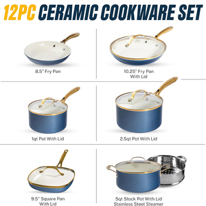High Quality <b>Ceramic</b> Coated Non-Stick <b>Pots</b> Pans Gold Stainless Steel Handle 12-Piece Blue Aluminum Induction Cookware Set - Product Image 2
