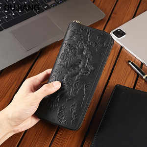 Dujiang <b>Men's</b> Genuine Leather <b>Wallet</b> Long Zipper Dragon Pattern Large Capacity Clutch Bag <b>For</b> Everyday Use - Product Image 2