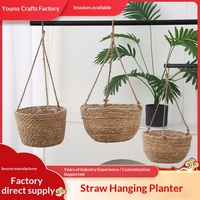 Keranjang Gantung Dinding dari Anyaman Cattail untuk Pot Bunga Tanaman Balkon dengan Tali Kapas