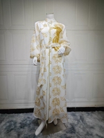 Robe maxi musulmane élégante avec broderie en feuilles d'or, col montant, manches bouffantes, ceinture, abaya pour femmes, robe de banquet