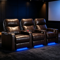 Sofá Reclinable Eléctrico de Cuero Genuino con Luz Ambiental LED, Mesa Auxiliar Extensible, Asientos para Cine en Casa para Sótano