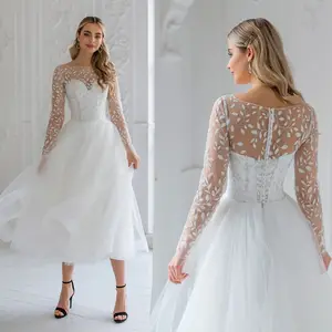 11992#Long Sleeves Boat Neck Bohemian Illusion Back A-Line Wedding Dress Tea Length Tulle Leaves Lace Wedding Dress Bridal Gown