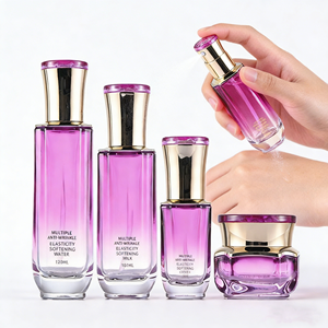 Ensemble de pots et de flacons cosmétiques en verre de luxe, flacon pompe rechargeable, <span class=keywords><strong>dégradé</strong></span> violet pour sérum crème vide avec bouchon fleuri - Product Image 6