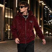 Blouson court oversize à capuche zippé intégral, motif léopard gaufré dégradé avec strass, style streetwear, fabrication OEM, marque personnalisée