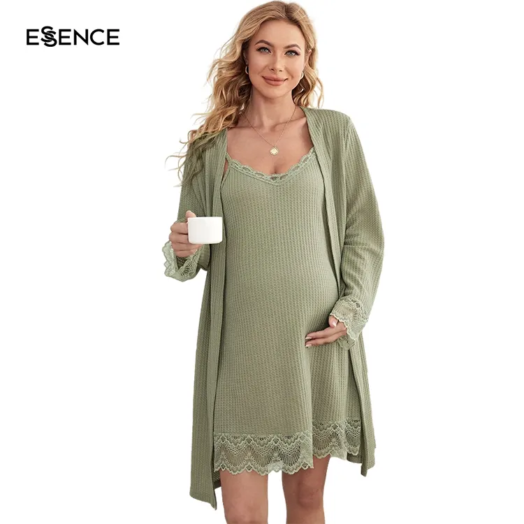 Maternity Clothes Nursing Pregnant Loungewear Lace Trim Waffle Knit Cami Dress & Robe Lounge Wear