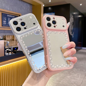 Coque de téléphone pour femme avec perles et paillettes effet miroir pour iPhone 17 Air 16 15 14 Pro Max, avec perles de diamant et cadre d'appareil photo floral DIY, coque arrière pour filles - Product Image 3