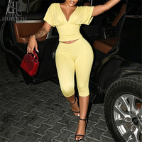 Ensemble décontracté 2 pièces Jiubaju pour femme : haut sexy à col en V froncé à manches mi-longues et pantalon court moulant assorti