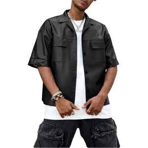 Chaqueta de Hombre de Cuero PU con Botones, Manga Corta, Cuello Camisero, Estilo Urbano, Ropa de Verano - Product Image 1