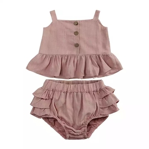 Set di vestiti carini per bambine estive da 0 a 24M con volant in tinta unita Top senza maniche + pantaloncini da donna set di abbigliamento da 2 pezzi - Product Image 6