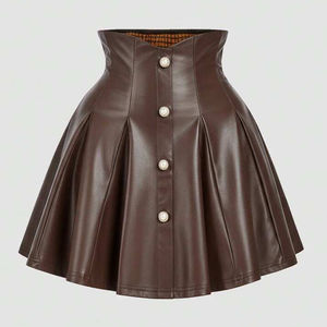 Minifalda <span class=keywords><strong>de</strong></span> Cuero Personalizada para <span class=keywords><strong>Mujer</strong></span>, Cintura Alta, con Botones, Estilo Flare y Plisada - Product Image 4