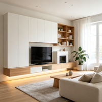Meubles minimalistes sur mesure pour toute la maison, armoires blanches sans poignées, étagères intégrées à LED, niche de présentation encastrée, salle à manger, OEM ODM