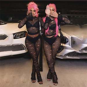 Hollow Sexy Women Two Piece Set Layering Hole O-Neck Hipster Crop Tops + Leggings Coquette Matching Midnight Clubwear - Product Image 3