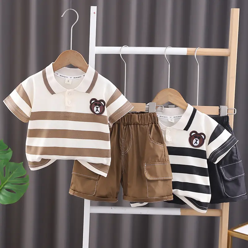2024 Clothing For Boys Casual Summer Wear Baby Boys Clothing Striped Bear Polo T-shirt Cotton Shorts 2pcs Boy Child Clothes