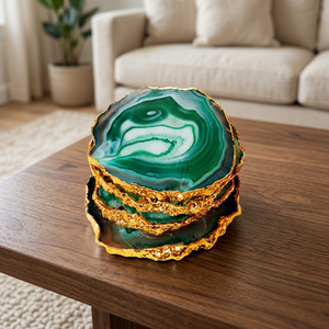 Handmade Polished <b>Green</b> Agate <b>Coaster</b> Set with Gold Trim Natural Crystal Geode Slice Home Decoration - Product Image 3
