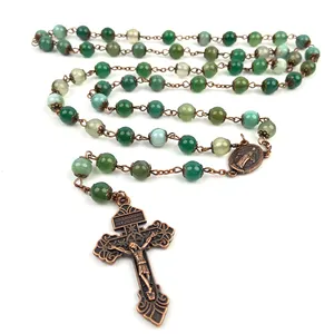 Green Strip Jade Beaded Newest Catholic Ceremony Prayer's Chapelet Rosary with Alloy Love Heart Cross Medal