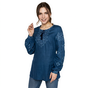 Chemise en popeline 100% coton brodée décontractée pour femmes, col en V, manches courtes, coupe régulière, lavable - Product Image 1