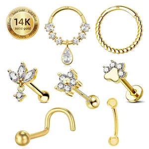 Toposh 14K katı altın göbek düğmesi göbek temizle CZ Labret kıkırdak Tragus Daith saplama küpe burun yüzük Piercing takı