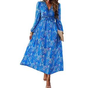 Элегантное шифоновое Повседневное платье с V-образным вырезом и длинными рукавами на заказ в европейском и американском стиле, женский китайский производитель