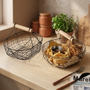 Cesta de almacenamiento redonda de metal con asa, contenedor de alimentos de estilo industrial, cesta de alambre de hierro duradera para uso en la cocina - Product Image 5