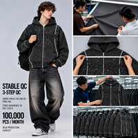 Hoodie personnalisé brodé vintage délavé à l'acide en molleton bouclette avec strass et fermeture éclair, style streetwear – Fabricants de vêtements
