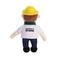 Peluche personnalisée de mascotte, figurine humaine, jouet en peluche avec chapeau de sécurité jaune, écharpe verte, logo imprimé, cadeau promotionnel d'entreprise