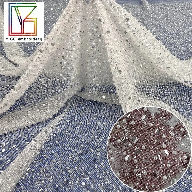 high density Pure white French bridal beaded net fabrics with Pearl sequins glitter tulle embroidery dresses Bridal Lace Fabric