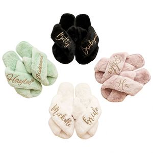 Custom Plush Fluffy <b>Slippers</b> with Glitter Lettering Personalized Cross Band Design-Soft Open Toe Bridal Party Wedding Favor Gift - Product Image 1
