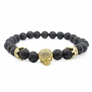 Hot Selling 8mm Zircon Men Accessories Bracelet High Quality Lava Stone Skull Crown Bracelets Jewelry