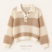 Pull ample en tricot crocheté rayé à col polo ajouré pour femme, idéal printemps-automne