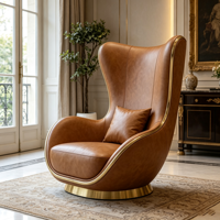Fauteuil d'appoint pivotant marron à dossier haut avec base en métal doré, fauteuil de salon rembourré résistant à l'usure pour villa, hôtel, hall d'entrée