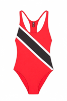 Traje de baño de una pieza a rayas rojas de corte alto para el lunes del Carnaval de Trinidad 2027, atuendo J'ouvert, venta al por mayor de fábrica, OEM, ropa de baño.
