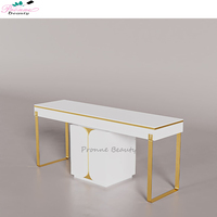 Table de manucure moderne de luxe en blanc et or avec lampe réglable
