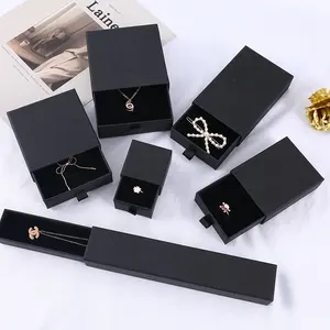 Kotak Perhiasan Hitam Laci Geser Kualitas Tinggi untuk Cincin Kalung Anting-Anting Kemasan Perhiasan Logo Kustom Kotak
