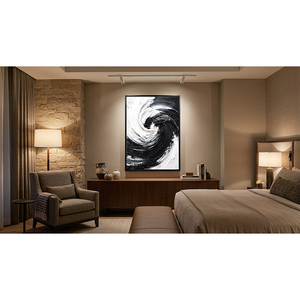 Peinture à l'huile abstraite noir et blanc sur toile texturée, art mural minimaliste moderne pour la décoration du salon - Product Image 5