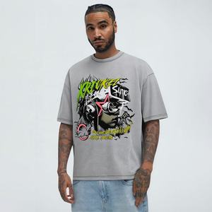 Hauts délavés à l'acide vintage pour hommes 100% coton surdimensionné Hip Hop numérique imprimé hauts en tricot tenue à manches courtes - Product Image 1